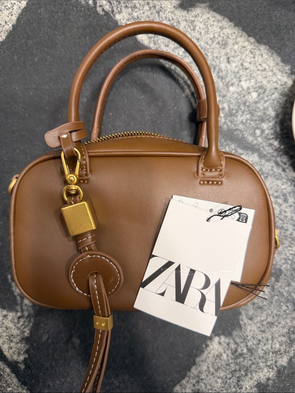 Zara Cognac Brown Structured Mini Top-Handle Bag